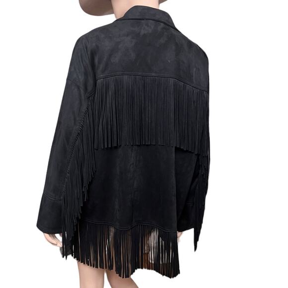 Zara Black Fringe Western Style Retro Jacket Size L Side Pockets Long Sleeves - Picture 6 of 15